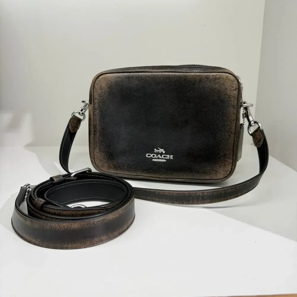 NEW‼️Coach Carey Crossbody Bag In Loved Leather  CES82 Silver/Black Brown